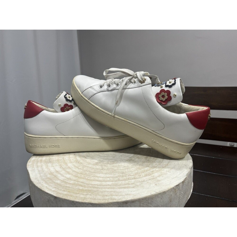 Michael Kors Mindy Floral Applique Leather Sneakers Women’s Size 9M White HJ18A
